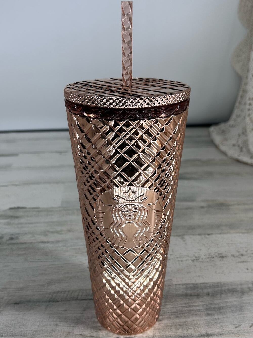 Starbucks Venti 24oz 2021 Metallic Rose Gold Tumbler Cold Cup W/ Lid & Straw NEW
